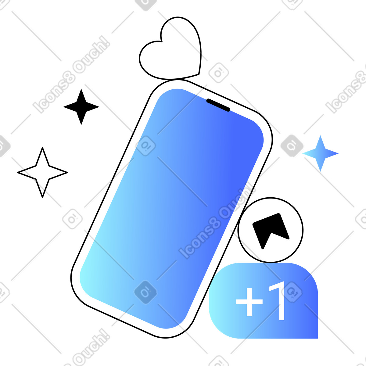 Smartphone with bookmark and +1 icons, Social media engagement interactions illustration in Azure style download in PNG, SVG