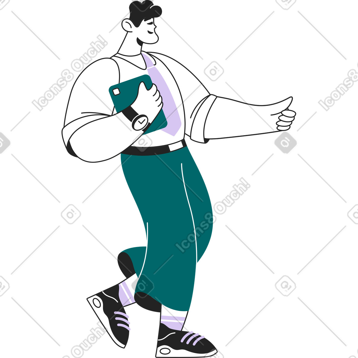 Illustration Homme avec tablette montrant les pouces vers le haut dans style Sammy Line à télécharger aux formats PNG, SVG