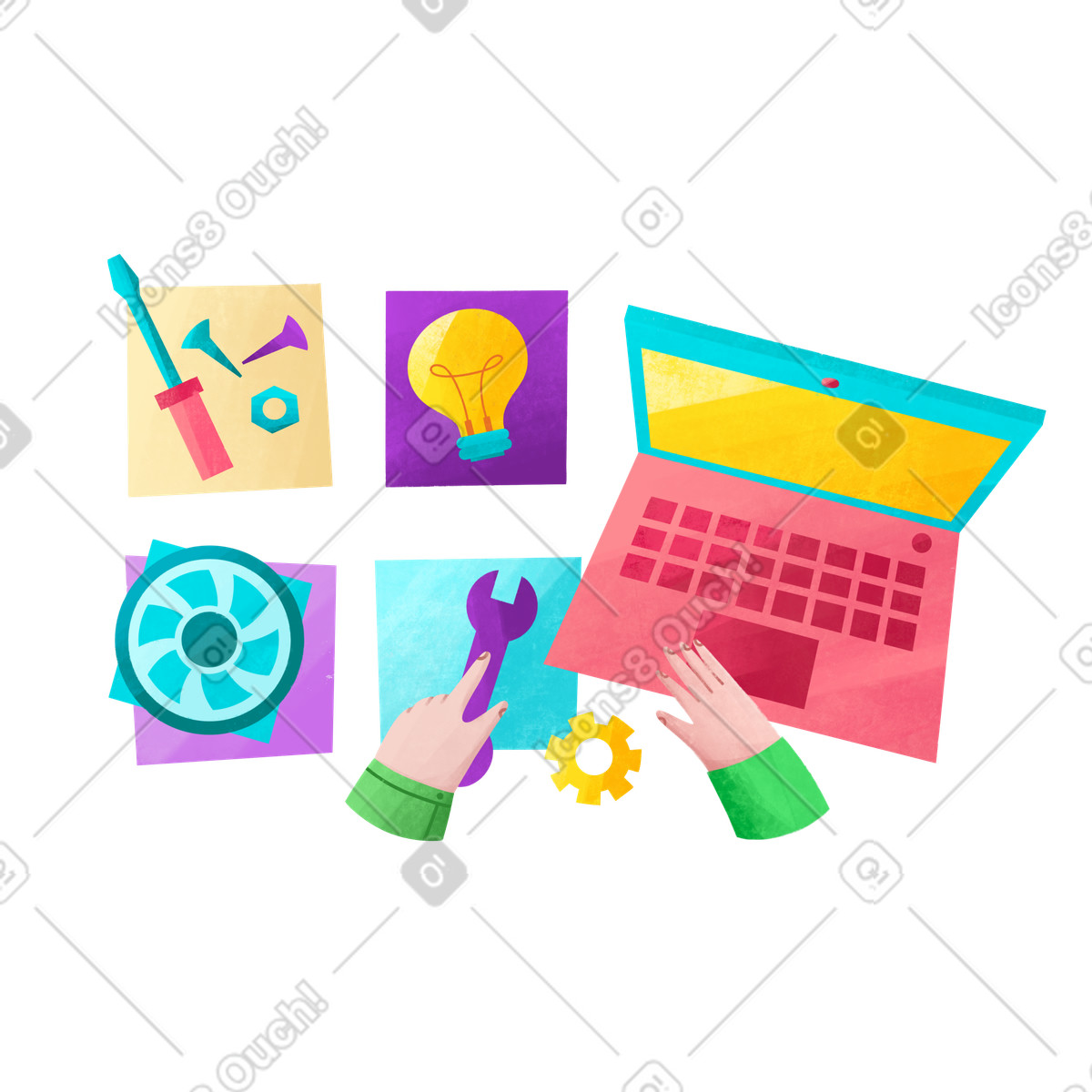 Man repairs and diagnoses a laptop illustration repair clipart vector graphics