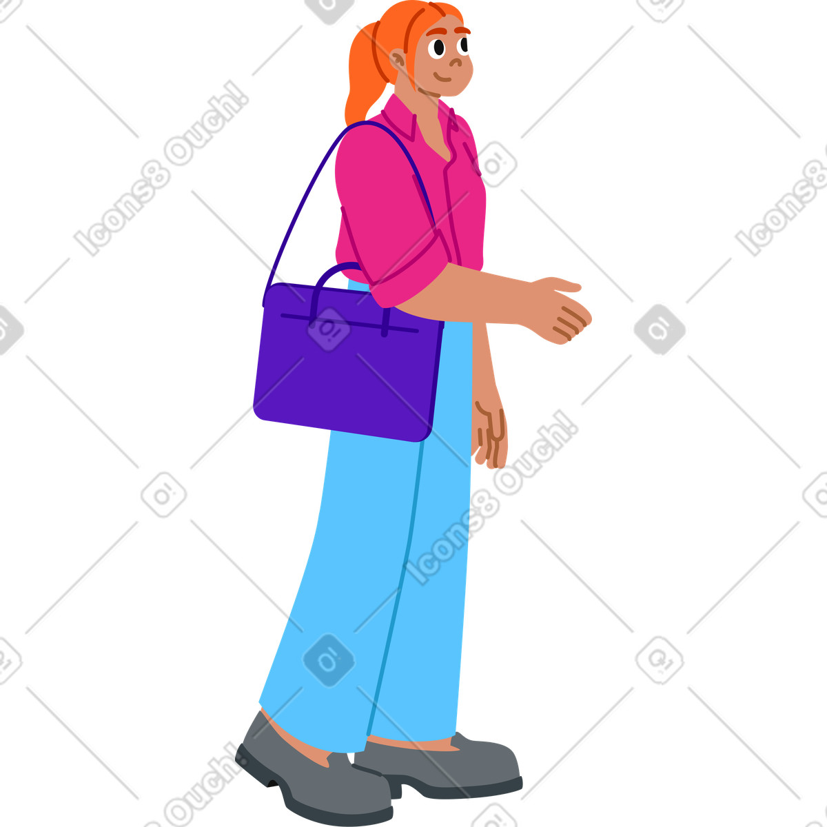 Illustration Une jeune femme avec un sac pour ordinateur portable tend la main dans le style Active à télécharger aux formats PNG, SVG