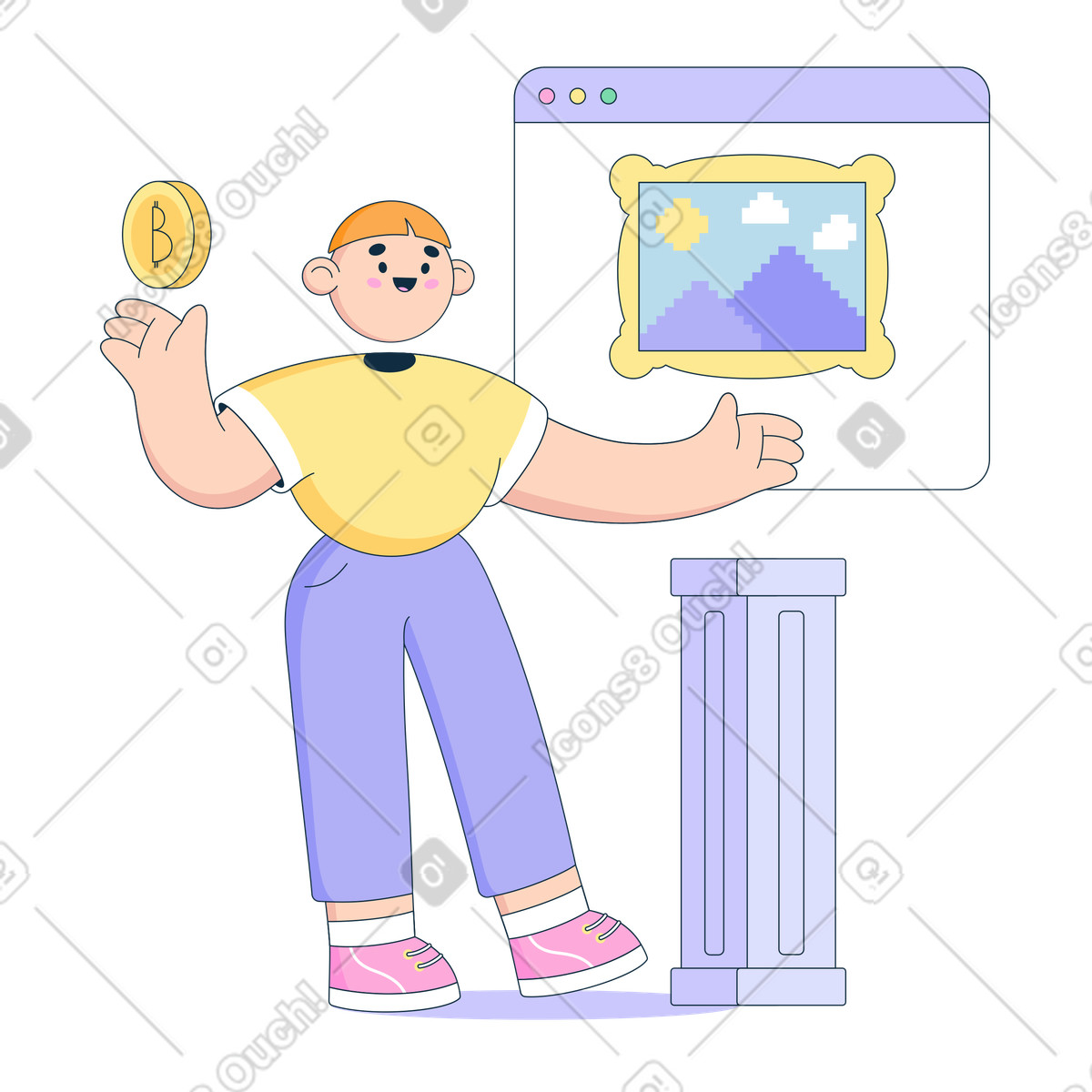 Иллюстрация Человек с биткойнами на аукционе nft в PNG и SVG
