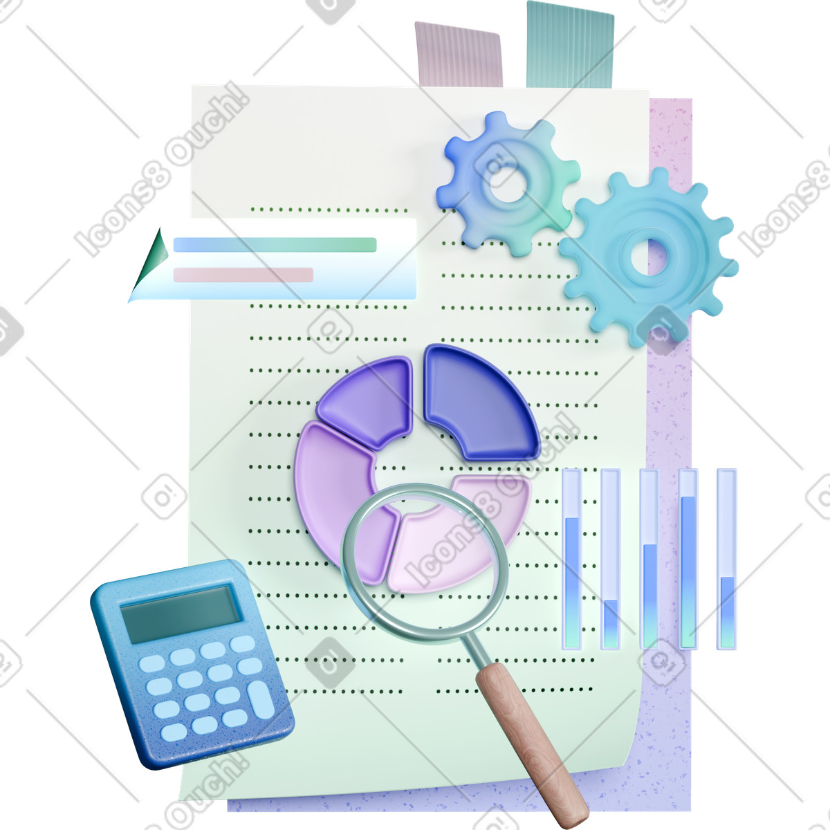 Audit report magnifying glass and calculator analyzing circular pie chart illustrazione in stile 3D Business scarica in PNG, SVG