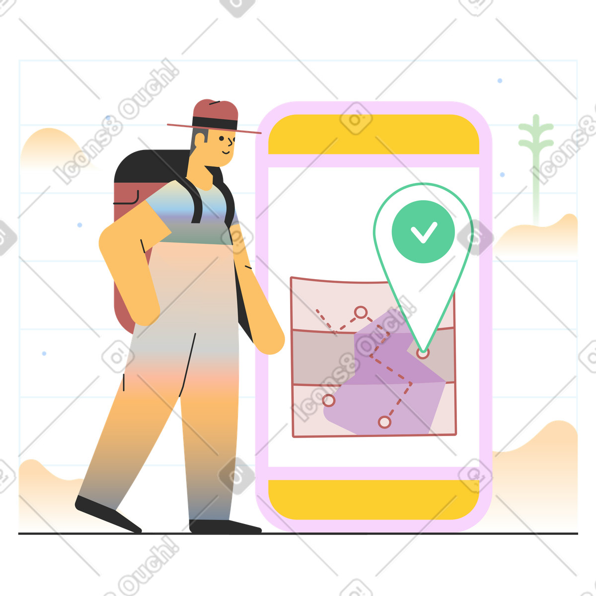 Ilustración Viajero usando navegador en teléfono estilo Marginalia a descargar PNG y SVG