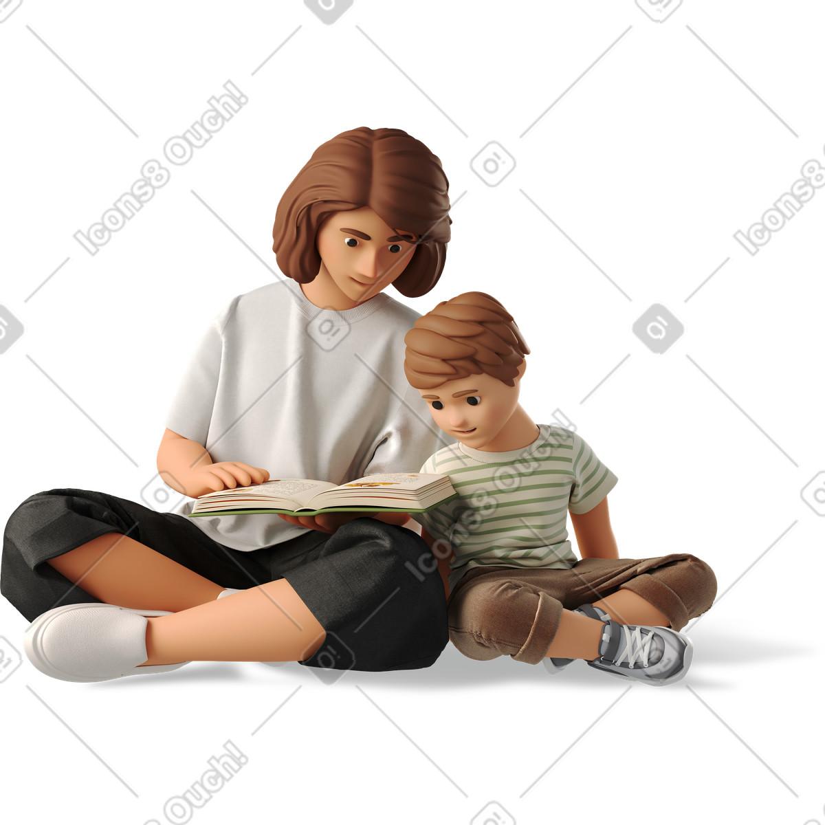 Woman reading a book to boy illustration in 3D Business style download in PNG, SVG