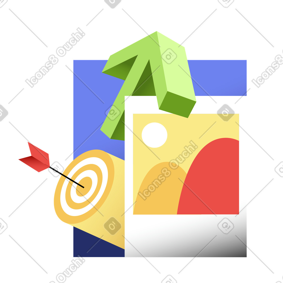 Levels スタイルの Target and upward arrow with image card, Visual marketing campaign targeting のイラストをPNG、SVG形式でダウンロード