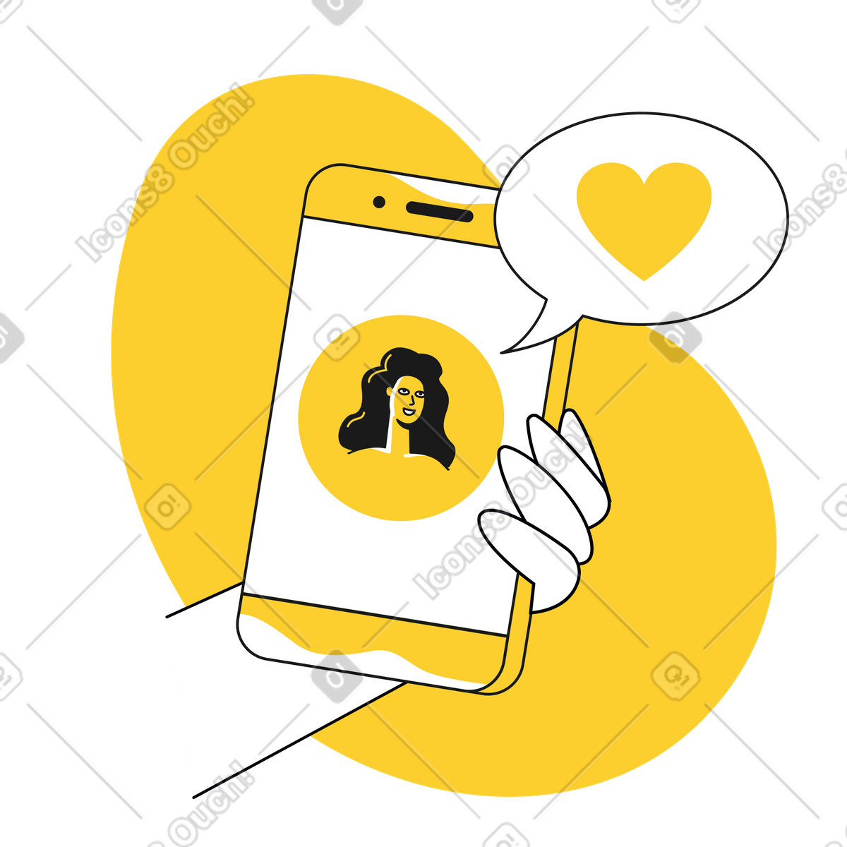User profile on smartphone screen with heart emoji, Virtual relationship or dating app interaction-Illustration im Taxi-Stil als Download in PNG, SVG