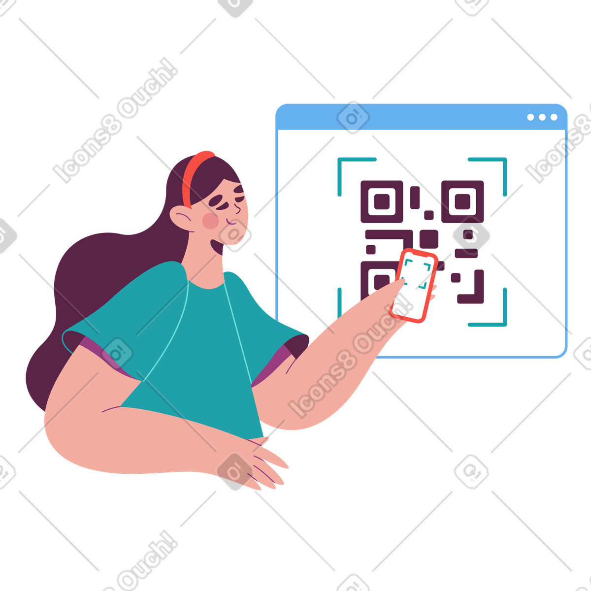Scanning code with phone, Fast QR payment or data retrieval illustration in Sammy style download in PNG, SVG