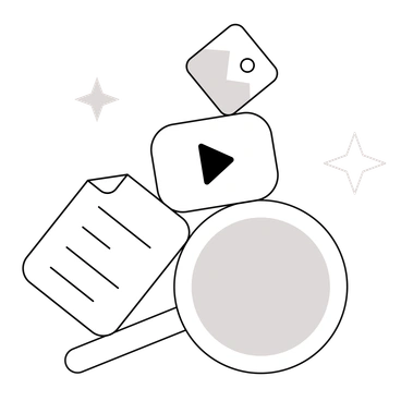 Various media icons stacked with a magnifying glass - Shade style illustration