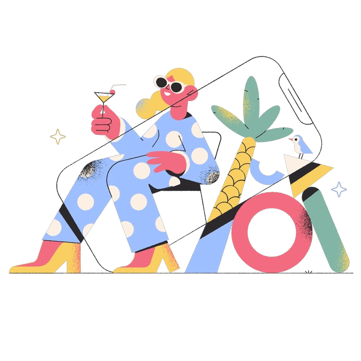 A woman enjoying a drink with tropical elements - Pablo style illustration