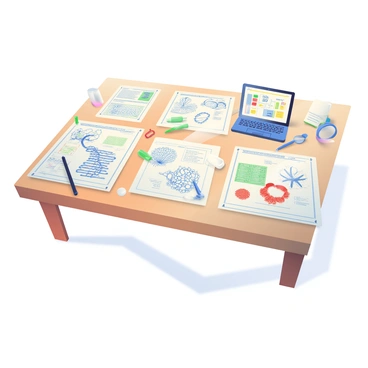 A large wooden table is covered with various blueprints for genetically engineered organisms. The blueprints feature detailed line drawings of multiple biological structures, including plants and animals, with annotations in fine print. Some blueprints highlight specific genetic modifications, marked with red and green markers. Scattered around the blueprints are a few scientific tools, such as a magnifying glass and a pair of tweezers, along with a laptop displaying a digital version of the blueprints. A soft light illuminates the table, casting gentle shadows on the papers.