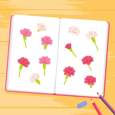 An open sketchbook positioned on a wooden table. The pages of the sketchbook are filled with various detailed drawings of "carnations" in different colors including pink, white, and red. Each drawing showcases unique angles of the flowers, with varying degrees of shading and line work. Surrounding the sketchbook are scattered art supplies such as colored pencils and a small eraser, adding to the artistic atmosphere.