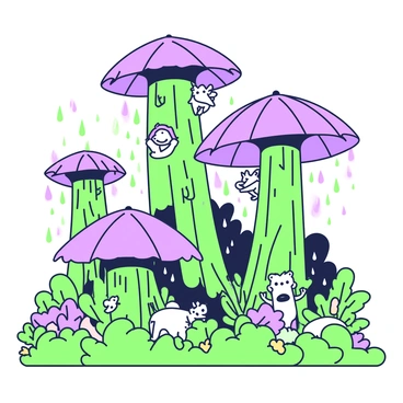 A lush rainforest filled with towering trees, each featuring large, umbrella-shaped tops. The leaves of the trees create an overhead canopy, providing shelter beneath. Tiny creatures, such as birds and small mammals, are visible among the branches and foliage, taking refuge from the rain. Below, a vibrant ground layer is dotted with colorful flowers and ferns, while droplets of rain can be seen cascading off the umbrella tops. The atmosphere is filled with rich greenery, with the trees standing tall and majestic against the drops of water.