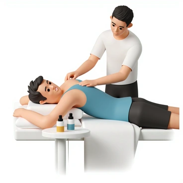 An athlete, with short black hair and wearing a fitted blue tank top and black shorts, is lying face down on a massage table. Their expression shows relief and relaxation as the tension leaves their body. A massage therapist, wearing a white t-shirt and black pants, is applying pressure on the athlete's shoulders with attentive focus. Essential oils are placed on a nearby table, and soft towels are draped over the athlete's legs. The room is softly lit, creating a calming atmosphere conducive to relaxation.
