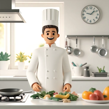 A cheerful chef, wearing a white chef's jacket and a tall chef's hat, stands in a bright, bustling kitchen. The chef has a wide smile, showcasing a sense of enthusiasm as they begin to prepare breakfast. The kitchen is filled with stainless steel appliances and colorful ingredients. A frying pan sizzles on the stove, while fresh vegetables and herbs are neatly arranged on the counter. Sunlight streams in through a window, illuminating the workspace and creating a warm atmosphere. In the background, pots and pans hang from a rack, and a clock shows the early morning hours.