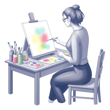 Becca Hall is seated at a wooden art desk cluttered with various art supplies. The desk is covered in paint tubes, brushes of different sizes, and a palette splattered with vibrant colors. Becca is focused on a canvas in front of her, with her brushes poised in her right hand, ready to create. The atmosphere is filled with the tools of creativity, showcasing her artistic environment.