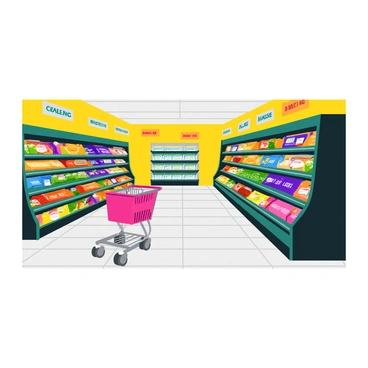 An illustration of a grocery store aisle filled with various products placed on neatly organized shelves. Each product has a visible label displaying its ceiling price. There are colorful boxes of cereal, jars of pasta sauce, and cans of vegetables. The aisle is well-lit, emphasizing the vibrant packaging of the products. A shopping cart is positioned at the end of the aisle, and the floor has a tiled pattern. The walls are lined with signs indicating different product sections.