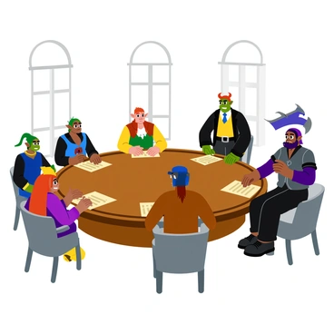 A diverse council of leaders is gathered around a large round table. The table is made of polished wood and is adorned with intricate carvings. Each leader represents a different race; one is an elf with pointed ears and flowing robes, another is a stout dwarf with a braided beard, a human with a formal attire stands next to a tall orc dressed in armor, and a regal-looking dragonkin with shimmering scales completes the group. The expressions on their faces reflect a serious discussion, and they have various scrolls and documents spread out on the table. The setting is a spacious, well-lit chamber with tall windows framing the scene.