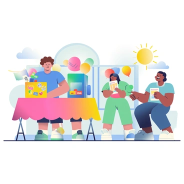 A group of volunteers is gathered at a booth during a community fair. One volunteer with light skin and curly brown hair is wearing a bright blue t-shirt and is standing behind a table covered with a colorful cloth. The table has a donation box that is decorated with cheerful stickers and is filled with various items like food and toys. Another volunteer with medium skin and short black hair is sitting at the side of the booth, smiling and handing out informational flyers. In the background, colorful banners and balloons are visible, adding to the festive atmosphere of the fair. The sun is shining brightly, creating a lively and welcoming vibe.