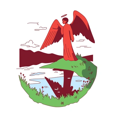 A red Angel of the North stands tall overlooking a serene lake. The angel's wings are spread wide, creating a majestic silhouette against the sky. The lake below is calm and reflects the figure of the angel perfectly, creating a visual symmetry. Surrounding the lake, there is lush green grass, with a few wildflowers scattered around. The scene is illuminated by soft sunlight, casting gentle shadows on the ground. The overall composition evokes a sense of peace and stillness in nature.