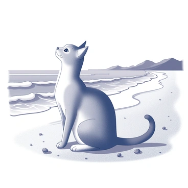 An outline of a cat with prominent features, sitting on a sandy beach. The cat is in profile, its tail curved and its ears perked up as it gazes towards the horizon. The waves are depicted in a rhythmic pattern, rolling gently towards the shore. The sand is textured with small ripples and pebbles scattered around. In the background, there are hints of distant hills and a clear sky above.