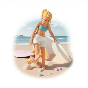 A young woman, wearing a bright blue bikini and a pair of white board shorts, stands on a sandy beach searching for seashells. Her long, sun-kissed hair is pulled back into a ponytail, and she has a relaxed, happy expression on her face. The waves crash gently on the shore behind her, and a surfboard rests in the sand nearby. She is kneeling down, inspecting the sand with her hands, while seashells of various shapes and colors are scattered around her. The sun casts a warm glow over the scene, highlighting the shimmer of the ocean in the background.