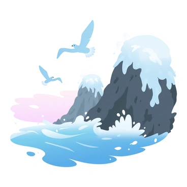 Powerful ocean waves are crashing against a rocky cliff with relentless force. The waves are shown in various shades of blue and white, with foamy crests rising high into the air. The rocky cliff is rugged and textured, with dark greys and browns accentuating its shape. In the background, a soft gradient of pastel colors spreads across the sky, transitioning from warm hues near the horizon to cooler tones above. Seagulls can be seen soaring gracefully above the cliffs, adding a dynamic element to the scene.