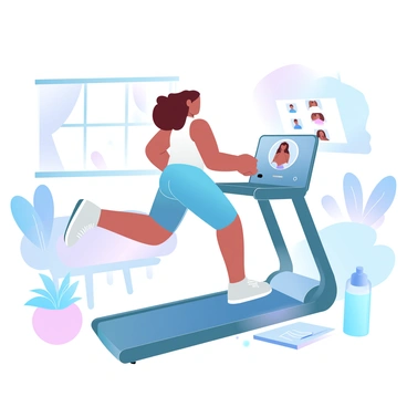 A woman is running on a treadmill in a cozy home setting. She is wearing fitness attire, including a fitted tank top and workout leggings. In front of her, a laptop is open, displaying a virtual meeting interface with various participant thumbnails visible. The room has a warm atmosphere with pastel colors, including soft furnishings and indoor plants placed in the corners. A water bottle and a notepad are situated on a small table nearby, indicating her focus on fitness and productivity.