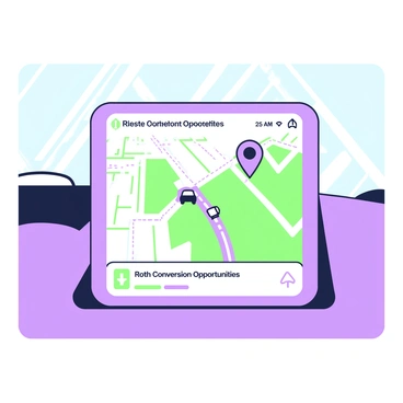 A GPS device is positioned on a car dashboard, displaying a bright screen. The screen shows a map with a highlighted route leading to a destination labeled "Roth Conversion Opportunities." The map includes several street names and a dotted line indicating the path. There are two arrows pointing in the direction of travel, and a small icon of a car is located at the starting point. A series of green and purple icons indicate upcoming turns along the route. The background of the image includes a view of the road through the windshield.