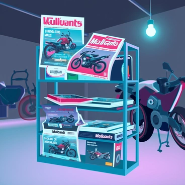 A small bookshelf made of metal, cluttered with various motorcycle manuals and magazines. The bookshelf is situated in a dimly lit garage with concrete walls and a dusty floor. The manuals are colorful, showcasing different motorcycle models, while the magazines feature bold headlines and glossy covers. Some magazines are stacked haphazardly atop the others. Tools and parts are scattered around the bookshelf, with a motorcycle partially visible in the background, and a faint light bulb hanging from the ceiling illuminates the scene.
