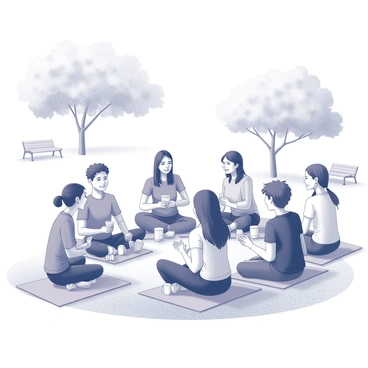 A group of people from diverse backgrounds sitting on a grassy area in a park. The gathering includes individuals of various ethnicities and ages, some sitting on picnic blankets, while others are seated on the grass. They are sharing food from an assortment of containers, engaging in conversations, and smiling at each other. In the background, there are trees providing shade, and a few park benches can be seen. A soft breeze appears to be rustling the leaves above, creating a tranquil atmosphere.
