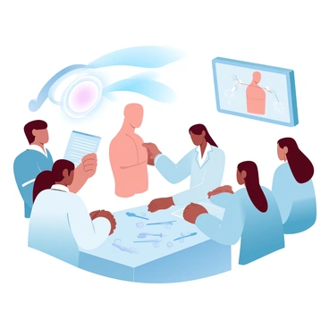 A group of students is gathered in a brightly lit laboratory, attentively observing a surgical procedure being demonstrated. One student is wearing a white lab coat and holding a clipboard with notes, while another is leaning forward, focused on the procedure. There are various surgical instruments arranged neatly on a nearby table. The room is equipped with high-tech monitors displaying detailed images of the procedure. A large anatomical model is positioned in the center, providing a clear view for all the students.