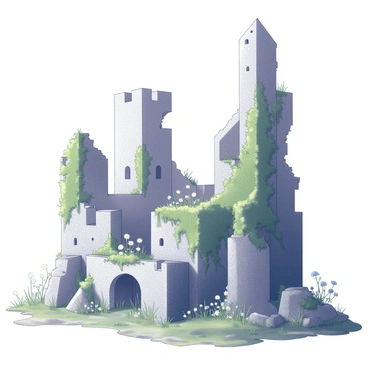 A large, crumbling stone structure stands as the remnants of an ancient castle. The castle features tall, jagged towers and broken walls, with sections of the stonework partially collapsed. Thick, green ivy wraps around the exterior, climbing up the walls and draping over the edges of the stones. Wildflowers in varying shapes and sizes peek through the cracks and gaps in the masonry, adding texture and life to the scene. The ground surrounding the castle is uneven and overgrown with grasses, creating a natural, untouched appearance.