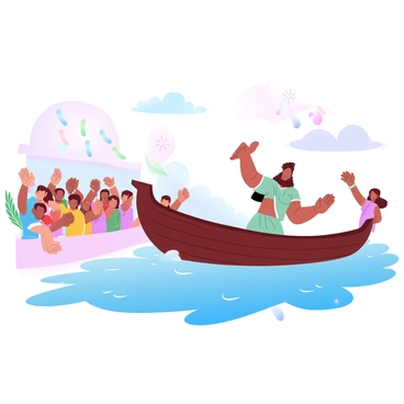 A traditional boat is approaching the shore during the Onam festival. Maveli is standing in the boat, wearing a colorful traditional outfit. Joyful villagers are gathered along the shoreline, waving their hands enthusiastically. Some villagers are adorned in bright, festive attire, and colorful flower garlands are draped around their necks. In the background, decorations and floral arrangements are visible, enhancing the festive atmosphere.