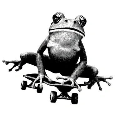 A frog is positioned on a skateboard, its limbs balanced dynamically as it rides forward. The frog has large, expressive eyes and a wide mouth, conveying excitement. It has a smooth, shiny body, capturing the essence of a lively amphibian. The skateboard features detailed wheels and a textured surface. The background includes hints of movement, such as lines suggesting speed, emphasizing the frog's adventurous spirit. The entire image is rendered in a halftone dot pattern, creating a playful black and white illustration.