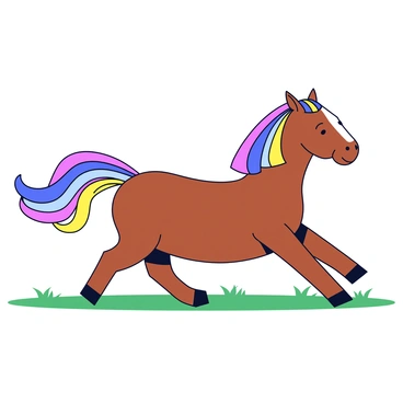 A whimsical horse with a glossy brown coat is trotting joyfully. The horse has a flowing mane that features vibrant rainbow colors, cascading gracefully down its neck. Its tail matches the mane, swaying gently as it moves. The horse has bright, expressive eyes and a playful stance, adding to its cheerful demeanor. The background is a simple grassy field with a clear blue sky.