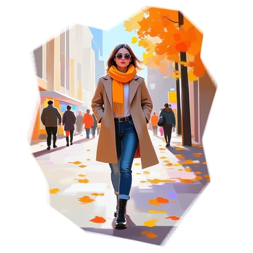 A person with medium skin tone walking down a bustling city street, dressed in fashionable autumn attire. They are wearing a tailored brown trench coat, a cozy mustard yellow scarf wrapped around their neck, and dark jeans. On their feet, they sport sleek ankle boots. The background features tall buildings with autumn leaves scattered on the ground, and people can be seen in the distance going about their day. The sky is clear and the sun casts soft shadows on the pavement.