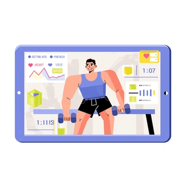 A live sports channel broadcast featuring a male athlete performing a dumbbell chest press on a weight bench. The athlete has a muscular build and is wearing a blue tank top and black shorts. He is focused and exerting effort, with his arms raised and dumbbells in hand. The background shows a gym environment with various fitness equipment. On the screen, colorful statistics are displayed, showing the athlete's heart rate, weight lifted, and number of repetitions. Bright graphics highlight the action, creating an engaging atmosphere.
