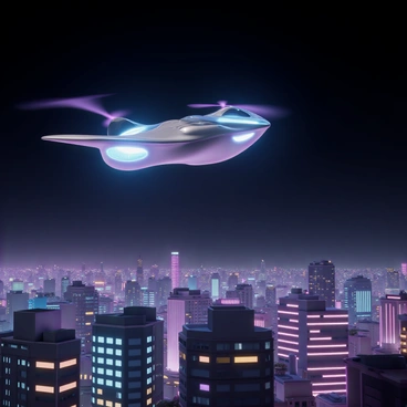 A futuristic flying hopper vehicle, sleek and aerodynamic, is soaring through the sky above a sprawling cityscape. The vehicle has a metallic surface with vibrant blue and purple accents, and its propellers are spinning quietly. Below, the city is alive with neon lights illuminating the buildings, which have a mix of glass and metal facades. The sky is dark, creating a striking contrast with the colorful glow from the city below. The scene captures the excitement of advanced technology in an urban environment.