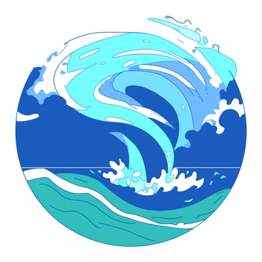 A vibrant blue cyclone is swirling dramatically over a deep teal ocean. The cyclone's spiraling winds create dynamic lines in the air, illustrating the powerful atmospheric forces at play. Below, the ocean's waves crash and ripple, reflecting the energy of the cyclone above. The clouds surrounding the cyclone are dark and billowing, adding to the intensity of the scene. The entire image captures the force and motion of nature, highlighting the intersection of air and water.