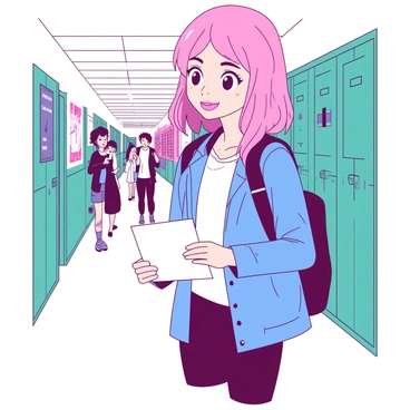 A pink-haired girl named Bella Swan stands in a modern high school hallway, holding a white schedule in her hands. She has wide eyes and a curious expression, glancing at the paper as it slightly flutters in the air. The hallway is well-lit, featuring lockers painted in a teal color on either side. There are posters on the walls promoting upcoming school events, adding vibrant colors to the scene. Other students can be seen in the background, walking between classes and chatting with each other. Bella's outfit consists of a casual blue denim jacket and a white t-shirt, complementing the school environment.