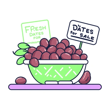 A basket filled with freshly harvested dates is placed on a wooden table. The basket has a woven texture and is overflowing with plump, shiny dates. Some dates are still attached to their branches, while others are loose, scattered around the basket. In the background, a small wooden sign displays the words "Fresh Dates for Sale" in a bold font. A soft light highlights the glossy surface of the dates, emphasizing their rich, natural appearance.