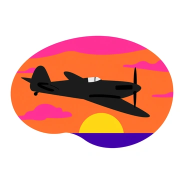 A Spitfire aircraft is flying in the foreground, its shape appearing as a dark silhouette. The background features a vibrant sunset sky filled with swirling shades of orange, pink, and purple. The airplane is positioned slightly off-center, allowing the colorful sky to dominate the scene. Wispy clouds catch the golden light of the setting sun, enhancing the visual contrast against the silhouette of the aircraft.