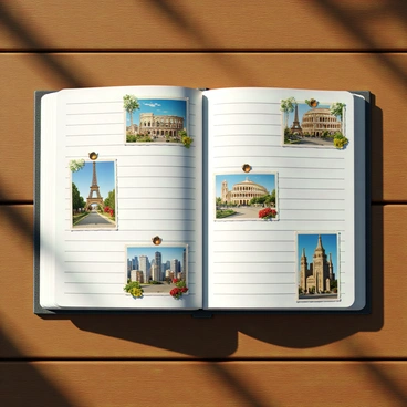 A travel diary open on a wooden table, with lined pages filled with handwritten notes. The margins of the diary are adorned with vintage postcard-style illustrations depicting famous cities. There are images of the Eiffel Tower in Paris, the Colosseum in Rome, the Sagrada Família in Barcelona, and the skyline of New York City. Each cityscape is surrounded by decorative elements such as flowers and travel-themed icons. The illustrations are rich in color and detail, capturing the essence of each location. The sunlight casts a warm glow over the diary, enhancing the nostalgic feel of the scene.