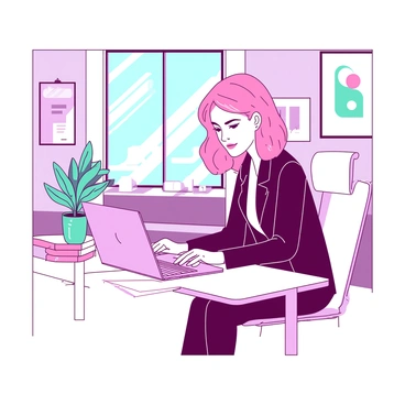 A pink-haired girl wearing a stylish business suit is sitting at a sleek white desk in a contemporary office space. The desk is adorned with a silver laptop, a small teal potted plant, and a stack of colorful notebooks. Behind her, there are large glass windows that let in sunlight, illuminating the room. The walls are decorated with framed art and there is a modern chair beside the desk. The girl is focused on her work, typing on the laptop with a look of determination.