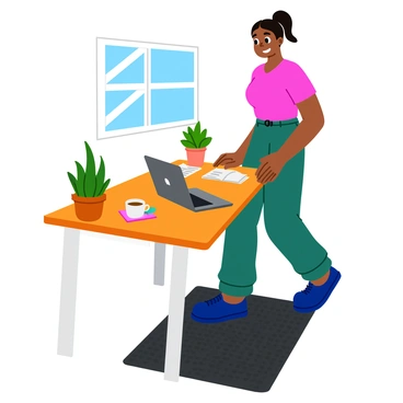A person standing at a modern office desk with a sleek design. The individual is wearing comfortable, casual clothing and has a focused expression as they work. Beneath their feet is a black anti-fatigue mat that features a textured surface. The desk is cluttered with a laptop, some notepads, and a coffee cup. A small potted plant sits on the corner of the desk, adding a touch of greenery to the workspace. A window in the background allows natural light to fill the room.