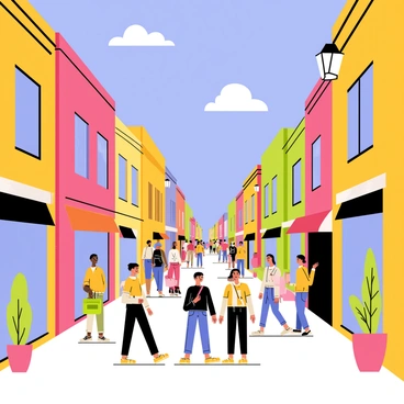 A bustling city street filled with vibrant, multicolored buildings lining both sides. The buildings have unique architectural features, such as balconies, awnings, and large windows. Numerous pedestrians of various ages and ethnicities walk along the sidewalk, some carrying bags and others chatting animatedly. A bright blue sky overhead contrasts with the vivid colors of the buildings, while a few fluffy white clouds float by. Streetlamps and greenery in pots add to the lively atmosphere, enhancing the sense of a busy urban environment.