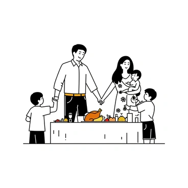 A family of five is standing in a circle, each member holding hands with the others. The father is wearing a button-up shirt and jeans, while the mother is in a floral dress. Two children, a boy and a girl, are wearing casual shirts and shorts. The youngest child is held in the mother's arms. They are gathered around a dining table that is set for a feast, featuring an array of dishes, including a roasted turkey, colorful vegetables, and a fruit centerpiece. The table is adorned with a decorative tablecloth and elegant cutlery. A warm ambiance is created by candles arranged around the table.