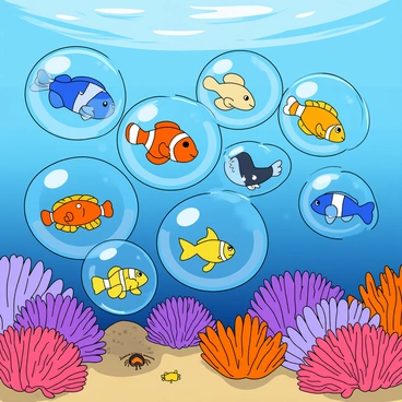 A vibrant underwater scene featuring a village of various fish living in transparent bubbles. Each bubble is filled with fish of different sizes and colors, such as bright orange clownfish, blue tangs, and yellow butterflyfish. The bubbles are floating above a colorful coral reef adorned with purple, pink, and orange corals. Some bubbles are clustered together while others drift slightly apart, each bubble reflecting sunlight that filters down from the surface. The coral reef below is teeming with life, showcasing small crabs and sea anemones nestled among the corals. The background shows a clear blue ocean that enhances the colorful elements of the scene.