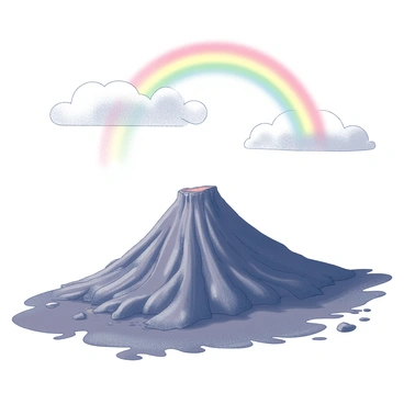 A volcano with a prominent cone shape is visible in the background. The volcano is textured with rough, dark surfaces and signs of lava flow. In the foreground, wet ground glistens, reflecting the remnants of a light rain shower. Above the volcano, an arc of a rainbow stretches across the sky, forming a vibrant semicircle. The sky is filled with scattered clouds, indicating the recent rain. The overall scene captures the contrast between the fiery nature of the volcano and the serenity of the rainbow above.
