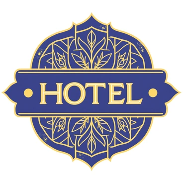 A luxury hotel branding featuring prominent Art Deco motifs. The design includes elegant geometric patterns in gold and deep blue, creating a sophisticated backdrop. Intricate line work outlines stylized floral elements, enhancing the opulence of the branding. The hotel name is displayed in an ornate, bold font at the center, surrounded by symmetrical decorative frames. Gold accents shimmer throughout the design, giving a sense of grandeur and refinement. There are subtle textures that suggest richness, contributing to an overall luxurious appearance.
